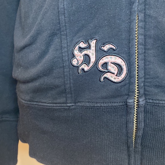 Womens Harley Davidson black full zip sweatshirt pink satin trim jeweled biker - Picture 3 of 10